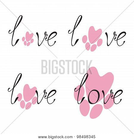 Set Of Love Lettering And Paw Print