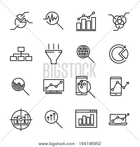 Set of 16 data analysis thin line icons. High quality pictograms of kitchen data analysis. Modern line art style icons collection. Charts, Graphs, Traffic Analysis, Big Data and more.