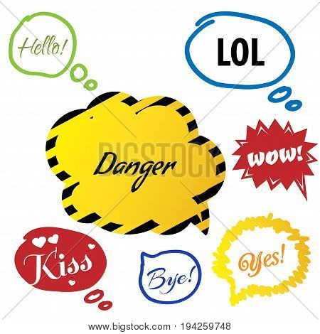 Vector illustration - Hand drawn speech bubble. Set with text - hello, lol danger, wow kiss, bye, yes. Speech bubble colorful set.