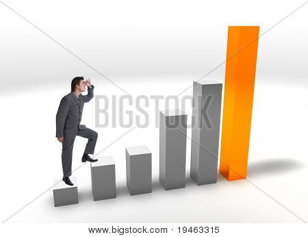 Modern Businessman on a finance bar graphic aiming for the top