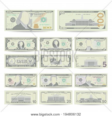 Dollars Banknote Set Vector. Cartoon US Currency. Two Sides Of American Money Bill Isolated Illustration. Cash Dollar Symbol. Every Denomination Of US Currency