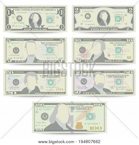 Dollars Banknote Set Vector. Cartoon US Currency. Front Side Of American Money Bill Isolated Illustration. Cash Dollar Symbol. Every Denomination Of US Currency