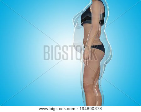 Conceptual fat overweight obese female vs slim fit healthy body after weight loss or diet with muscles thin young woman on blue. A fitness, nutrition or fatness obesity, health shape 3D illustration