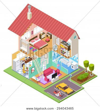 Cutaway House Isometric. Housing Construction Cross Section With Kitchen Bedroom Bathroom Interior. 