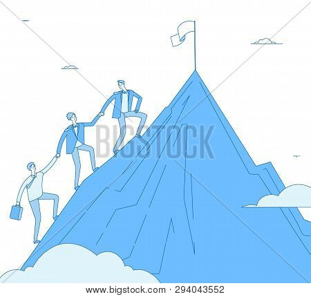 Men Climb Mountain. Success Leader With Team Go Up Top Successful Winner. Business Reaching, Leaders