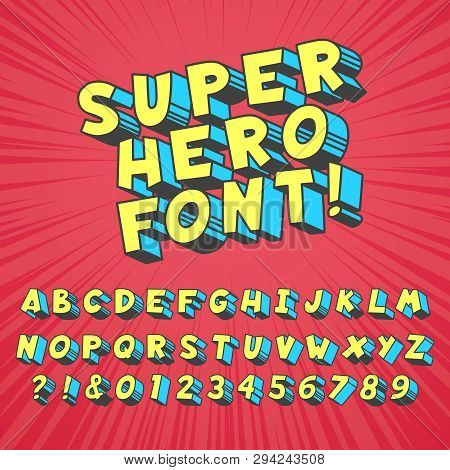 Super Hero Comics Font. Comic Graphic Typography, Funny Supers Heros Alphabet And Creative Fonts Let