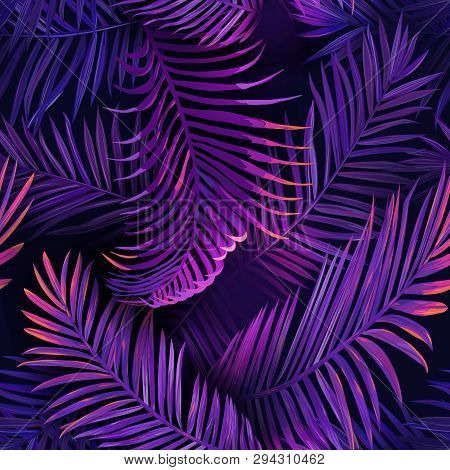 Tropical Neon Palm Leaves Seamless Pattern. Jungle Purple Colored Floral Background. Summer Exotic B