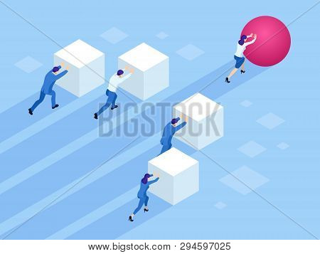 Isometric Business People Pushing Cubes. Winner Easily Moving The Cube. Winning Strategy, Efficiency