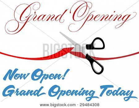 Pair of scissors cut red Grand Opening ribbon border at ceremony to open new store or website