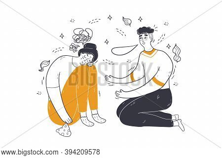 Mental Stress, Depression, Support Concept. Man Guy Cartoon Character Consoling Comforting Calming D