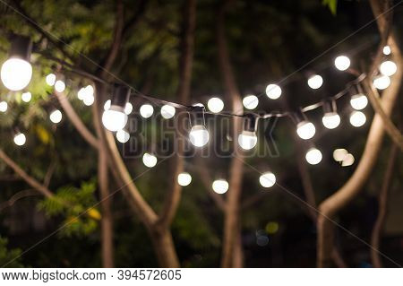 Blurred Background, Backyard Illumination, Light In The Evening Garden, Electric Lanterns With Round