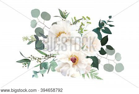 Ivory Beige, White And Creamy Rose, Peony Flowers Vector Design Wedding Bouquet. Eucalyptus, Greener