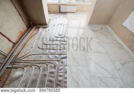 Comparison Of Old Floor With Heating Pipes And New White Marble Flooring. Modern Apartment Before An