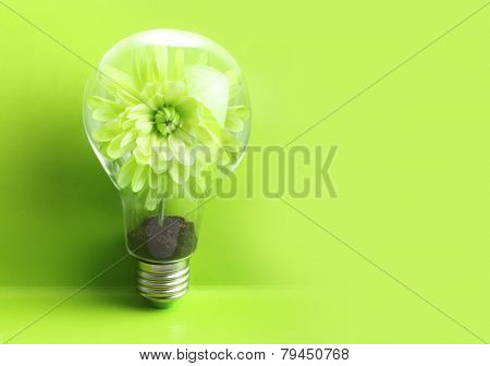 Green plant in soil inside light bulb on green background. Eco concept.