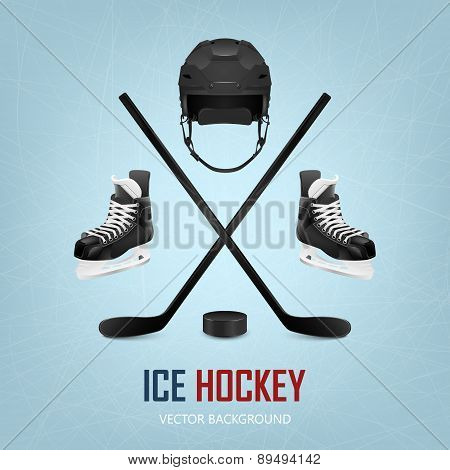 Ice Hockey Helmet, Puck, Sticks And Skates.