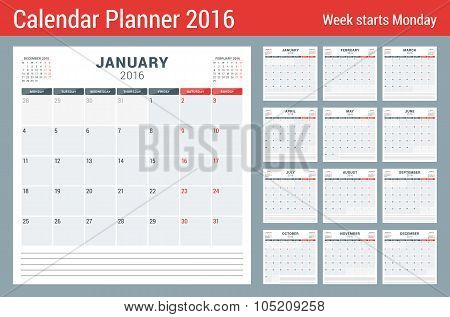 Calendar Planner For 2016 Year. Vector Stationery Design Print Template. Square Pages With Place For