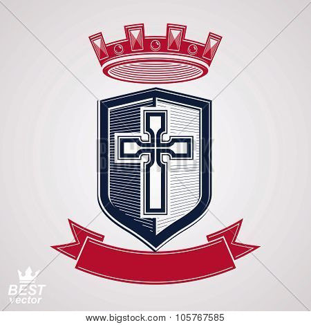 Imperial Insignia, Vector Royal Shield With Decorative Band And Monarch Coronet. Detailed