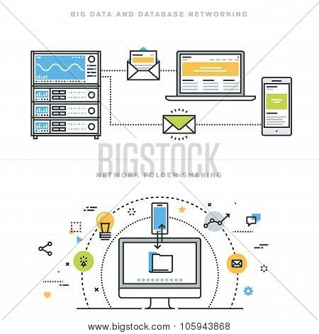 Flat line design vector illustration concepts for database networking and network folder sharing