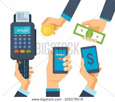 Pos terminal for financial transactions. Operation on payment. Credit card payment at pos terminal. Hands hold phone with an attachment, cash money, and coins. Vector illustration.