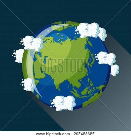 Asia map on planet Earth, view from space. Asia globe icon. Planet Earth globe map with blue ocean, green continents and clouds around. Cartoon style  flat vector illustration.