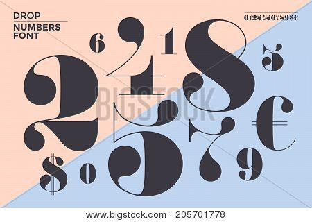 Font of numbers in classical french didot or didone style with contemporary geometric design. Beautiful elegant numeral, dollar and euro symbols. Vintage and retro typographic. Vector Illustration