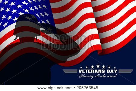 Veterans Day background with saluting soldier, US national flag and lettering. Template for Veterans Day. Vector illustration.