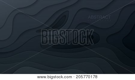 Black paper cut background. Abstract realistic papercut decoration textured with wavy layers. 3d topography relief. Carving art. Vector illustration. Cover layout template. Material design concept.