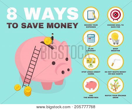 8 way to save money infographic. pig money box Isometry character. vector flat cartoon illustration icon design. no credit, money, bankrupt, bank. concept, saving finance money, plan, budget