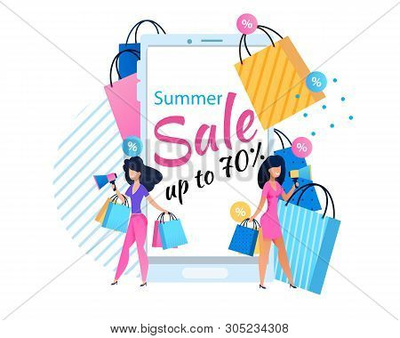 Summer Sales Up To 70 Percent Proposition For Women. Two Pretty Elegant Female Shoppers Announcing T