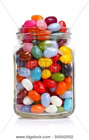 Jelly beans sugar candy snack in a jar isolated on white