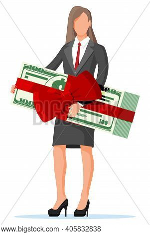 Successful Businesswoman Celebrates Victory Holding Dollar Bundle With Ribbon And Bow. Business Succ