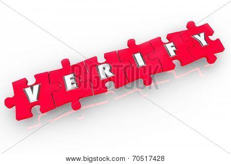 Verify word on red 3d puzzle pieces to confirm, inspect or prove a document or fact is true