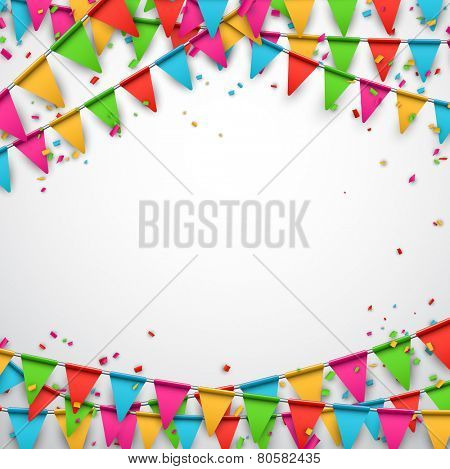 Celebrate background. Party flags with confetti. Vector illustration. 