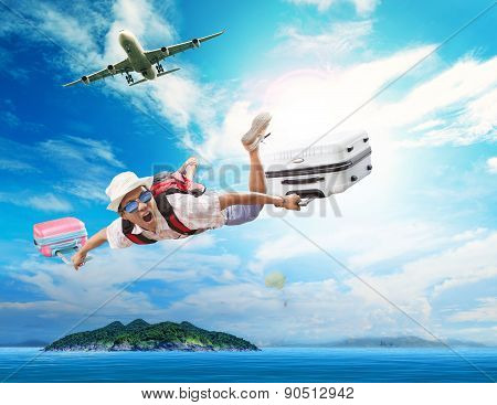 Young Man Flying From Passenger Plane To Natural Destination Island On Blue Ocean With Happiness Fac