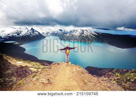 Hike to turquoise waters of picturesque Garibaldi Lake near Whistler, BC, Canada. Very popular hike destination in British Columbia.