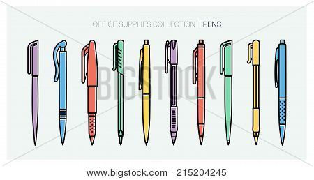 Office supplies collection. Pens set. Writing tools. Outline style. Ballpoint thin line vector icons. Biro, Fountain pen, gel pen, ballpoint pen, capillary pen. Back to school. Writing materials Vector