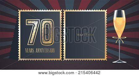 70 years anniversary vector icon logo. Template design greeting card with collage of photo frames number for 70th anniversary and champagne for background or banner