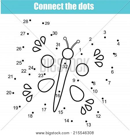 Connect the dots children educational drawing game. Dot to dot by numbers game for kids. Printable worksheet activity with butterfly