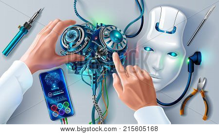 Man repairing robot. Scientist engineer designs brain settings artificial intelligence humanoid robot. Robot head on your desktop. Hands of the scientist in white coat program cybernetic brain.