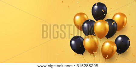 Celebration, Festival Background With Helium Balloons. Greeting Banner Or Poster With Gold And Black