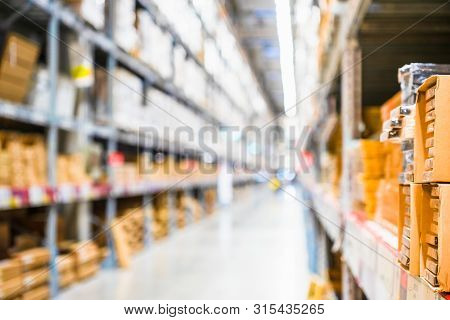 Rows Of Shelves With Goods Boxes In Modern Industry Warehouse Store At Factory Warehouse Storage, Sh