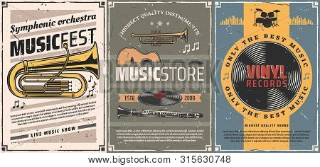 Musical Instruments And Vinyl Records Retro Posters Of Music Store Or Live Concert Design. Vector Gu