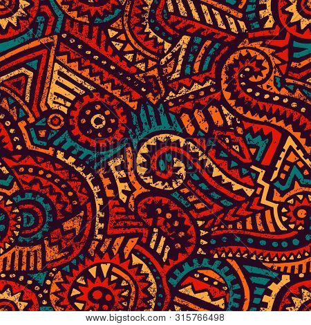 Seamless African Pattern. Ethnic And Tribal Motifs. Orange, Red, Yellow, Blue And Black Colors. Grun