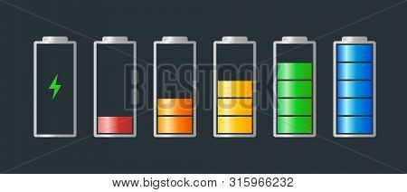 High To Low Power Batteri Charged Energy Indicator Level Set With Recharging Icon. Empty To Full Bat