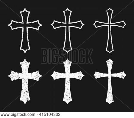 Cross Vector Shape Symbol With Grunge Texture Set. Christianity Sign Collection. Christian Religion 