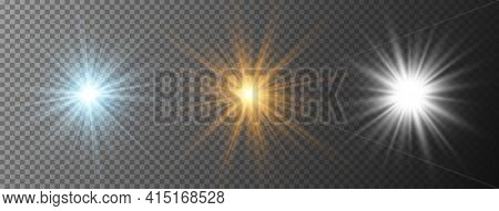 Set Of Realistic Starburst Lighting Isolated On Transparent Background. Glow Blue, Yellow, White Lig