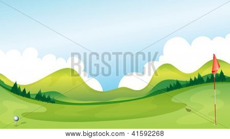 Illustration of a golf course with the mountains as a background.