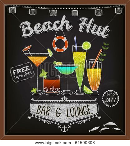 Chalkboard Beach Bar Poster - Colorful cocktails on blackboard advertisement for beach bar and lounge, with frames, swirls, labels and specials