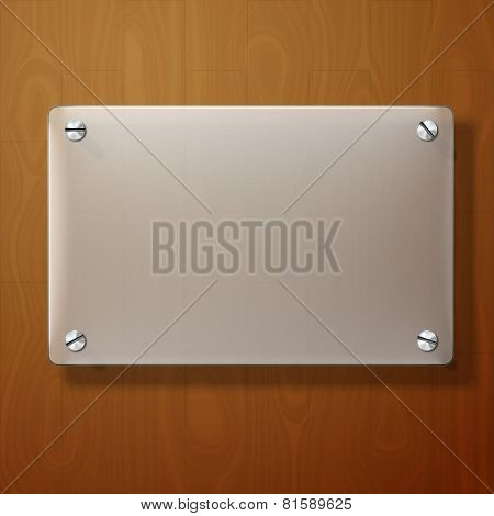 Vector frosted glass plate on wooden background.