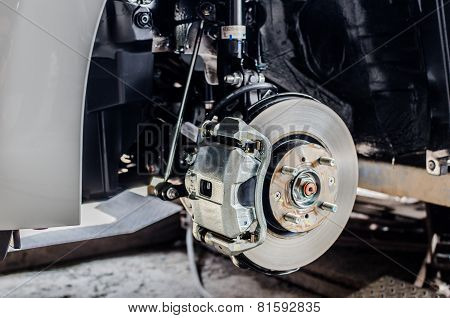 Front Disc Brake On Car In Process Of New Tire Replacement. The Rim Is Removed Showing The Front Rot